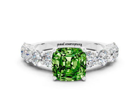 White gold Cushion Cut Peridot Prong Setting with Side Stones on a Pave Band