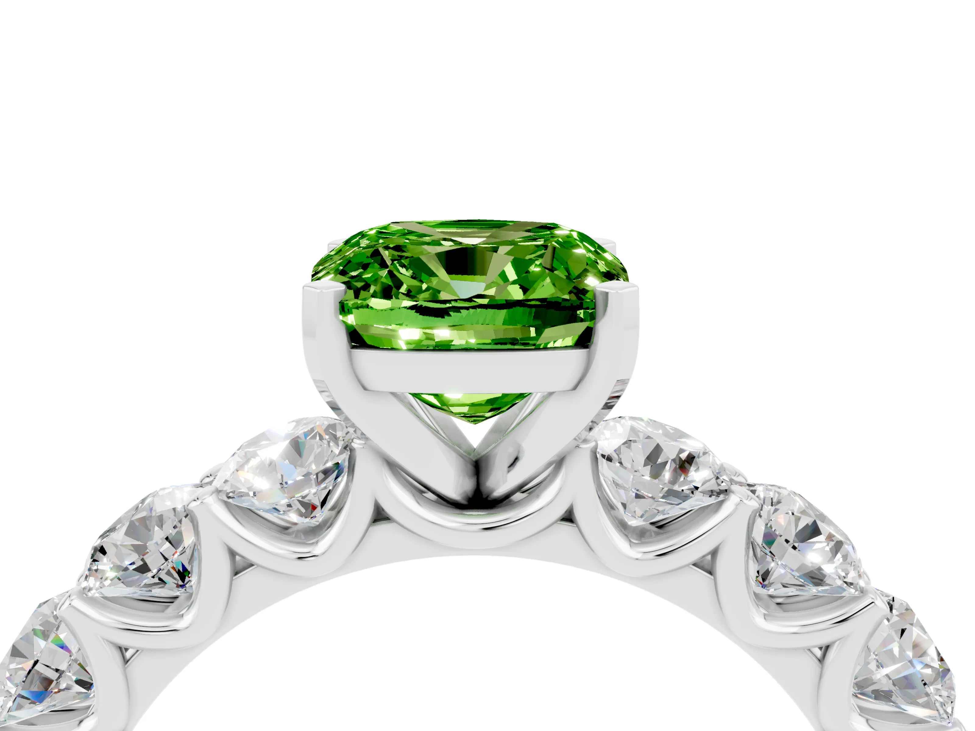 White gold Cushion Cut Peridot Prong Setting with Side Stones on a Pave Band_4