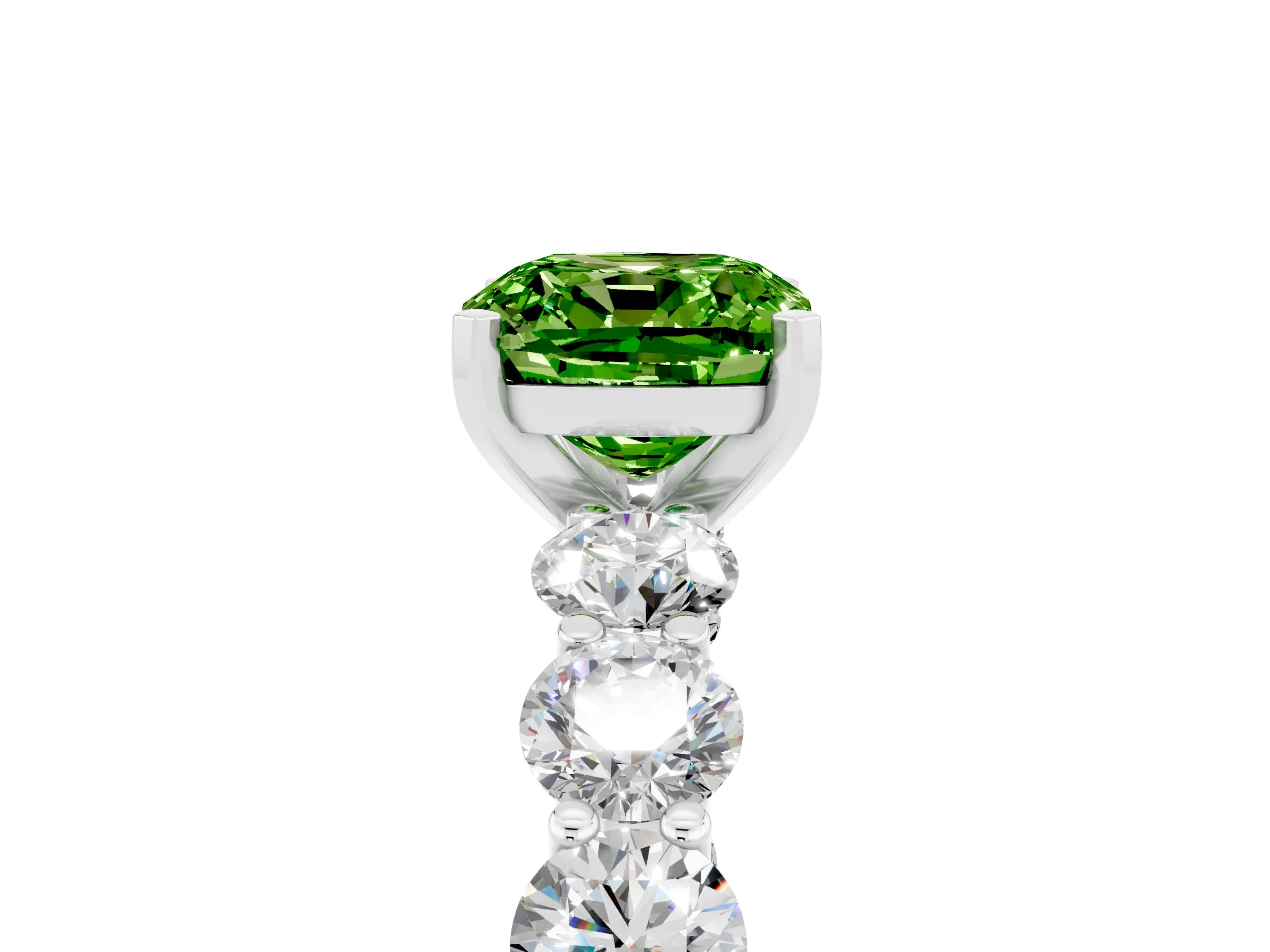 White gold Cushion Cut Peridot Prong Setting with Side Stones on a Pave Band_5