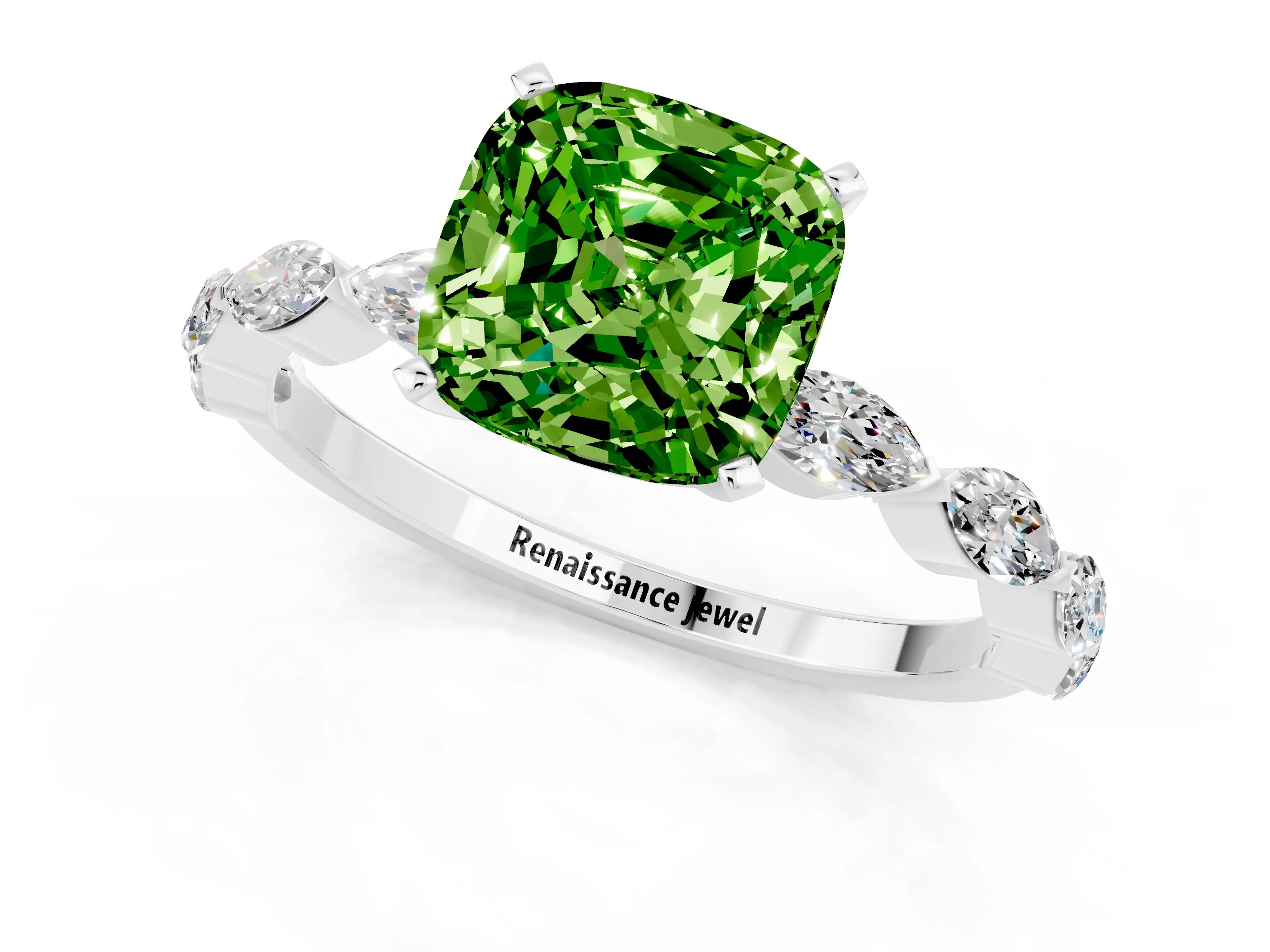 White gold Cushion Cut Peridot Ring with Marquise Side Stones and Prong Setting_1