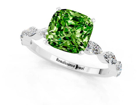 White gold Cushion Cut Peridot Ring with Marquise Side Stones and Prong Setting_1
