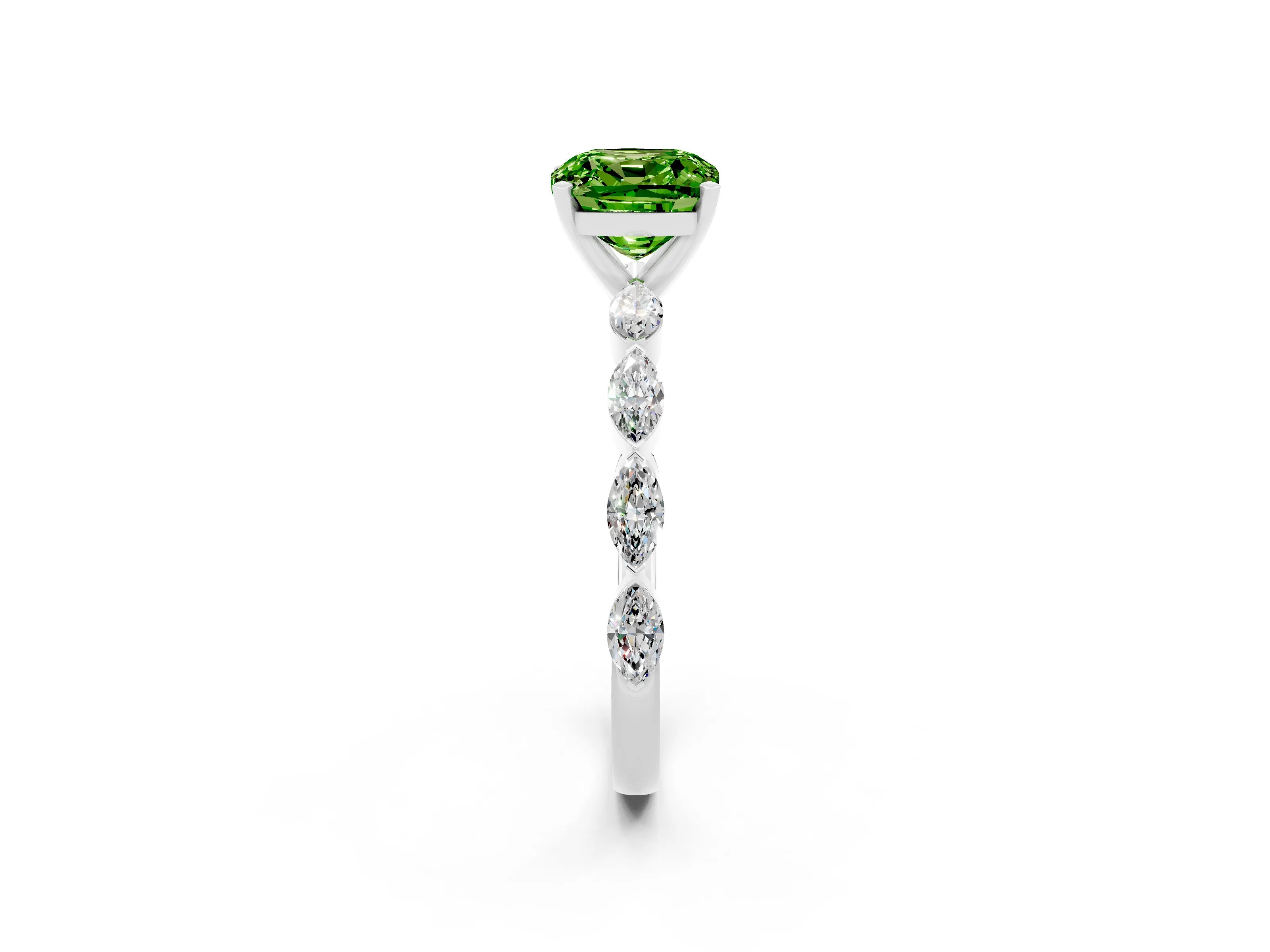 White gold Cushion Cut Peridot Ring with Marquise Side Stones and Prong Setting_2
