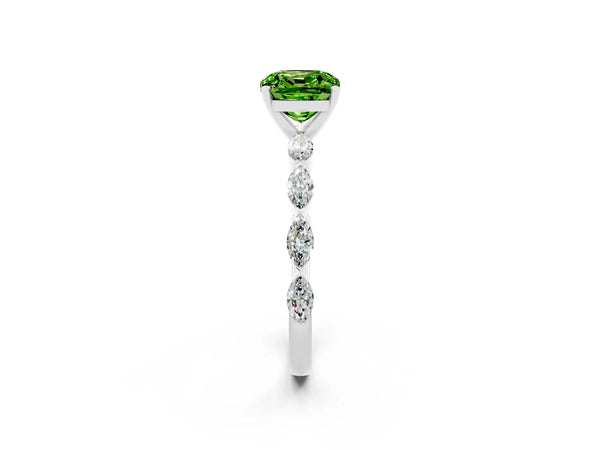 Silver Cushion Cut Peridot Ring with Marquise Side Stones and Prong Setting
