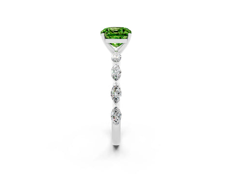 White gold Cushion Cut Peridot Ring with Marquise Side Stones and Prong Setting_2