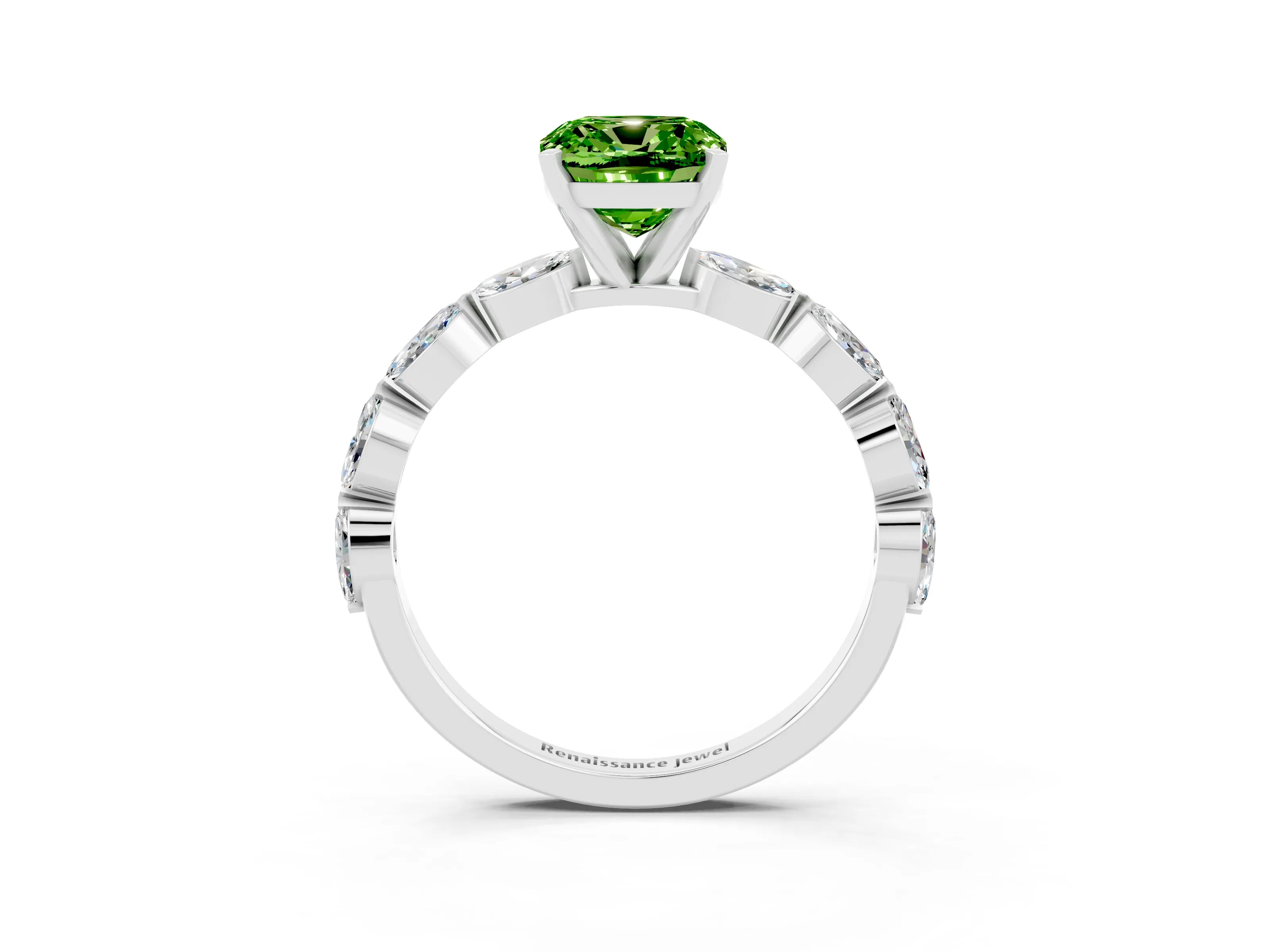 White gold Cushion Cut Peridot Ring with Marquise Side Stones and Prong Setting_3