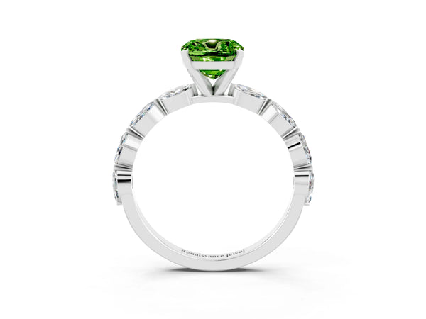 White gold Cushion Cut Peridot Ring with Marquise Side Stones and Prong Setting