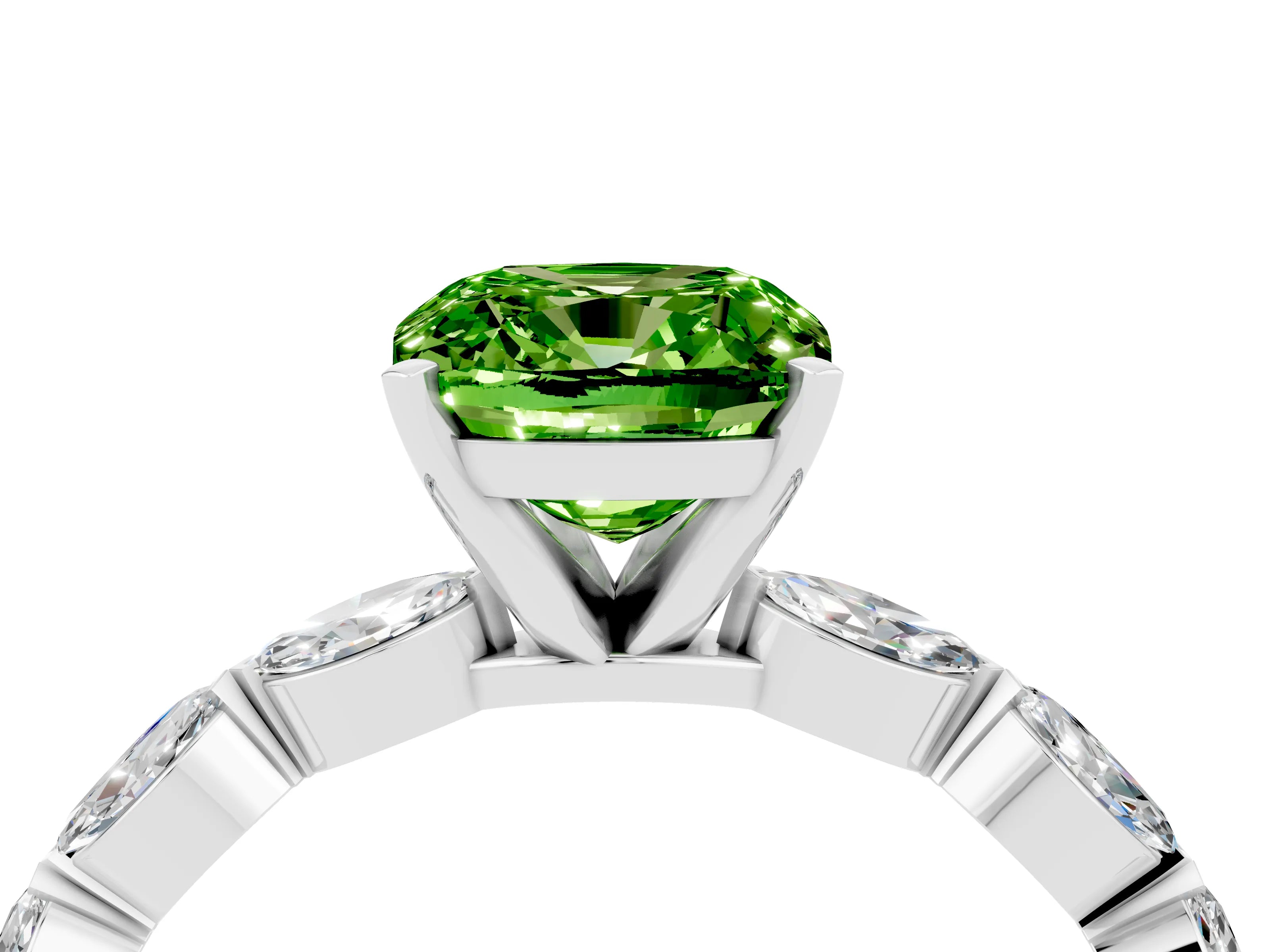 White gold Cushion Cut Peridot Ring with Marquise Side Stones and Prong Setting_4
