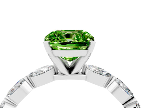 White gold Cushion Cut Peridot Ring with Marquise Side Stones and Prong Setting_4