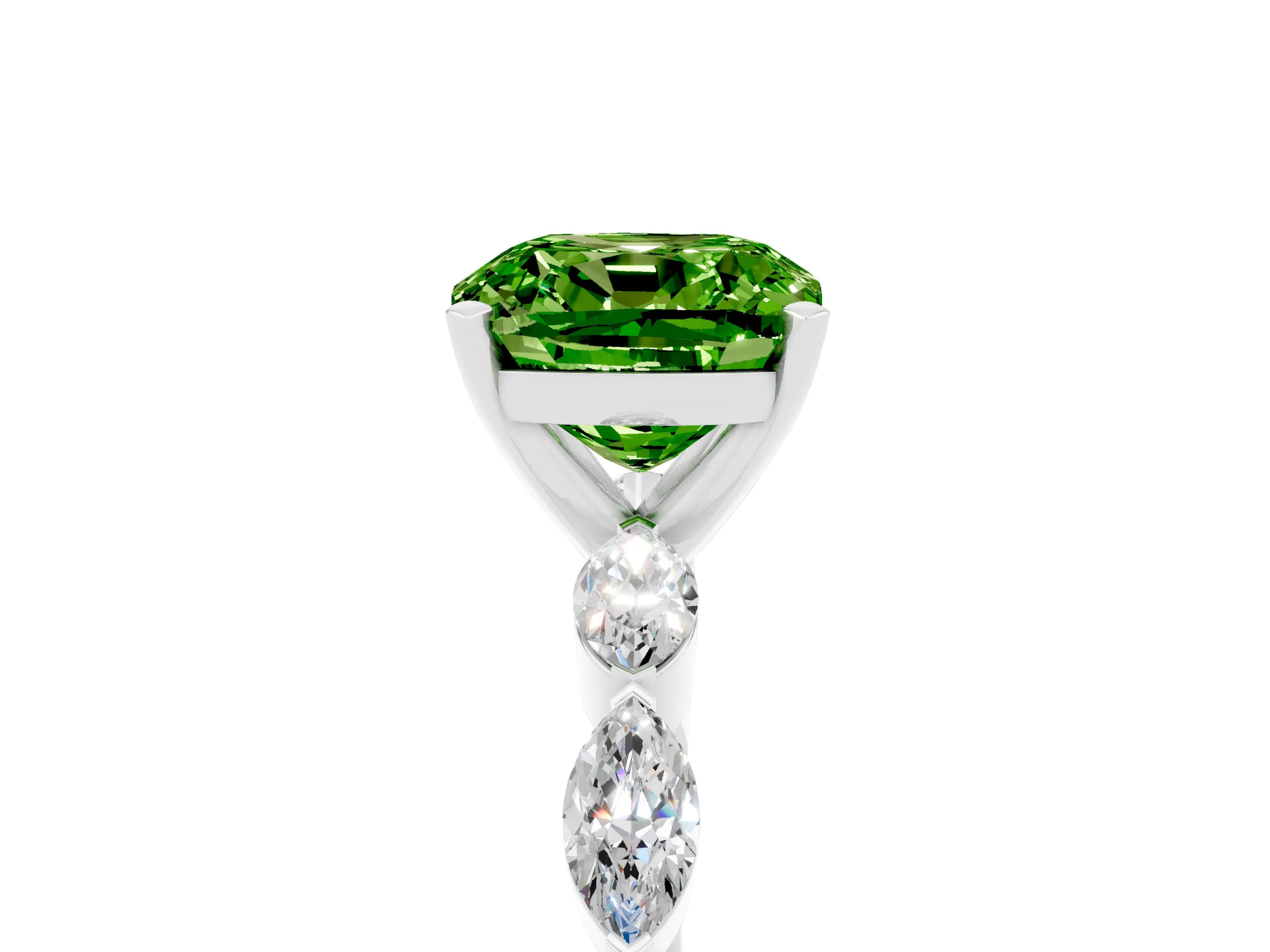 White gold Cushion Cut Peridot Ring with Marquise Side Stones and Prong Setting_5