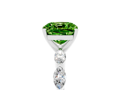 White gold Cushion Cut Peridot Ring with Marquise Side Stones and Prong Setting_5