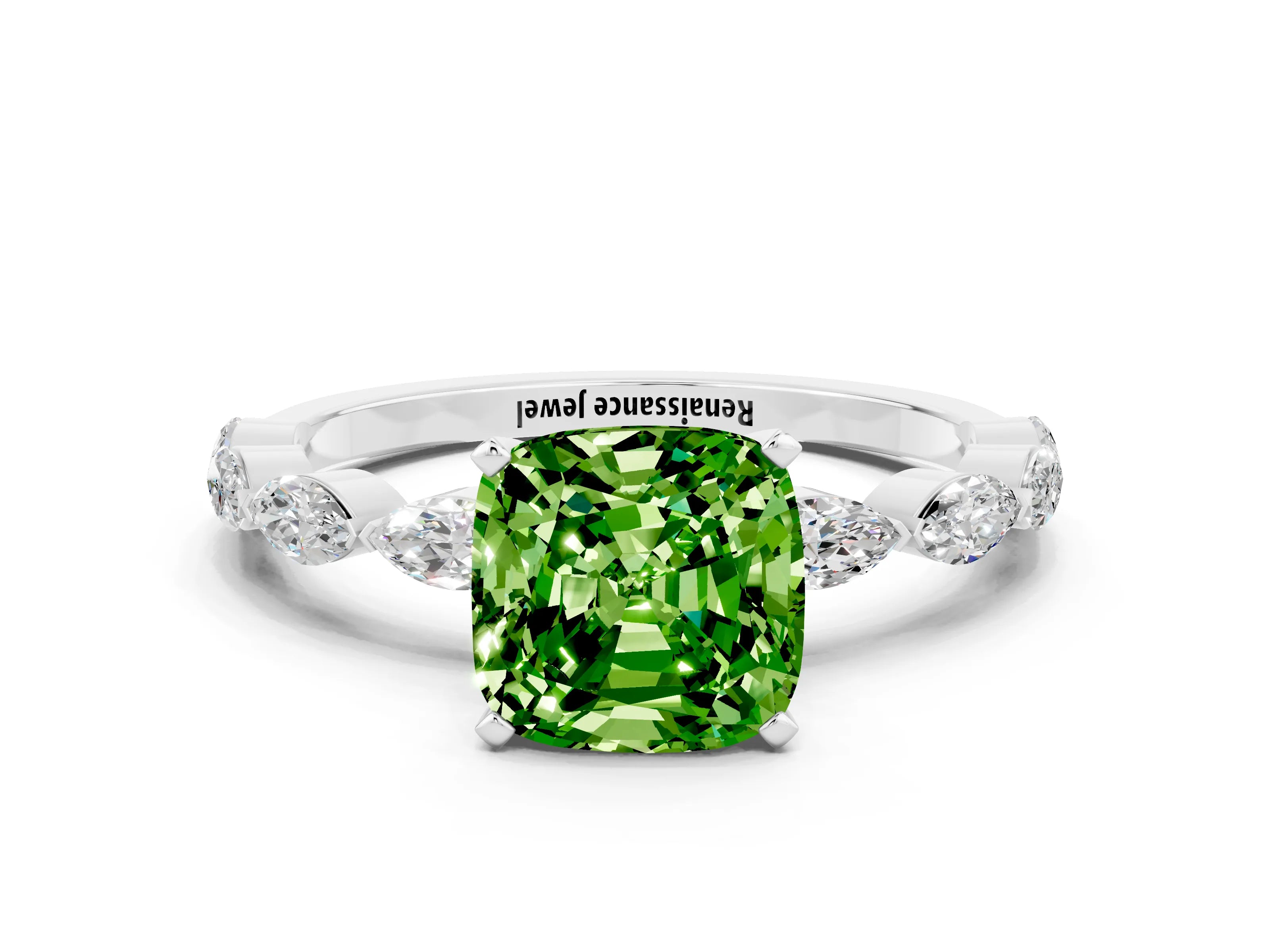 White gold Cushion Cut Peridot Ring with Marquise Side Stones and Prong Setting