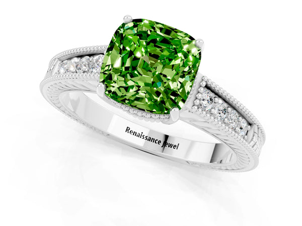 Silver Cushion Cut Peridot Ring with Milgrain Pavé Band and Four-Prong Setting
