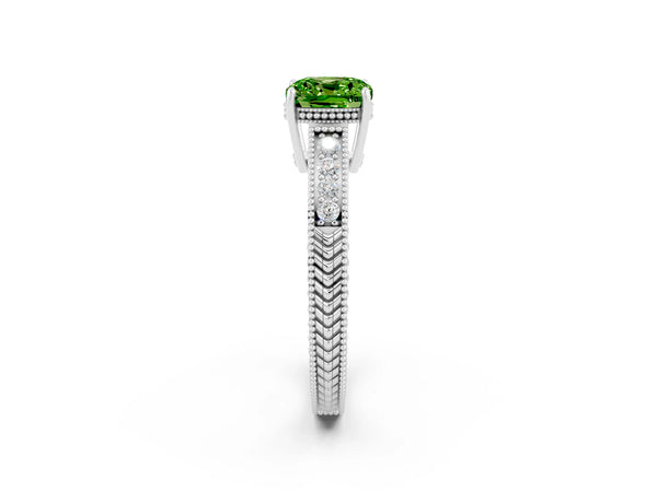 White gold Cushion Cut Peridot Ring with Milgrain Pavé Band and Four-Prong Setting