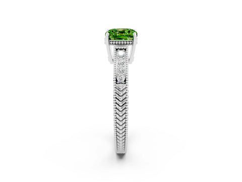 White gold Cushion Cut Peridot Ring with Milgrain Pavé Band and Four-Prong Setting_14