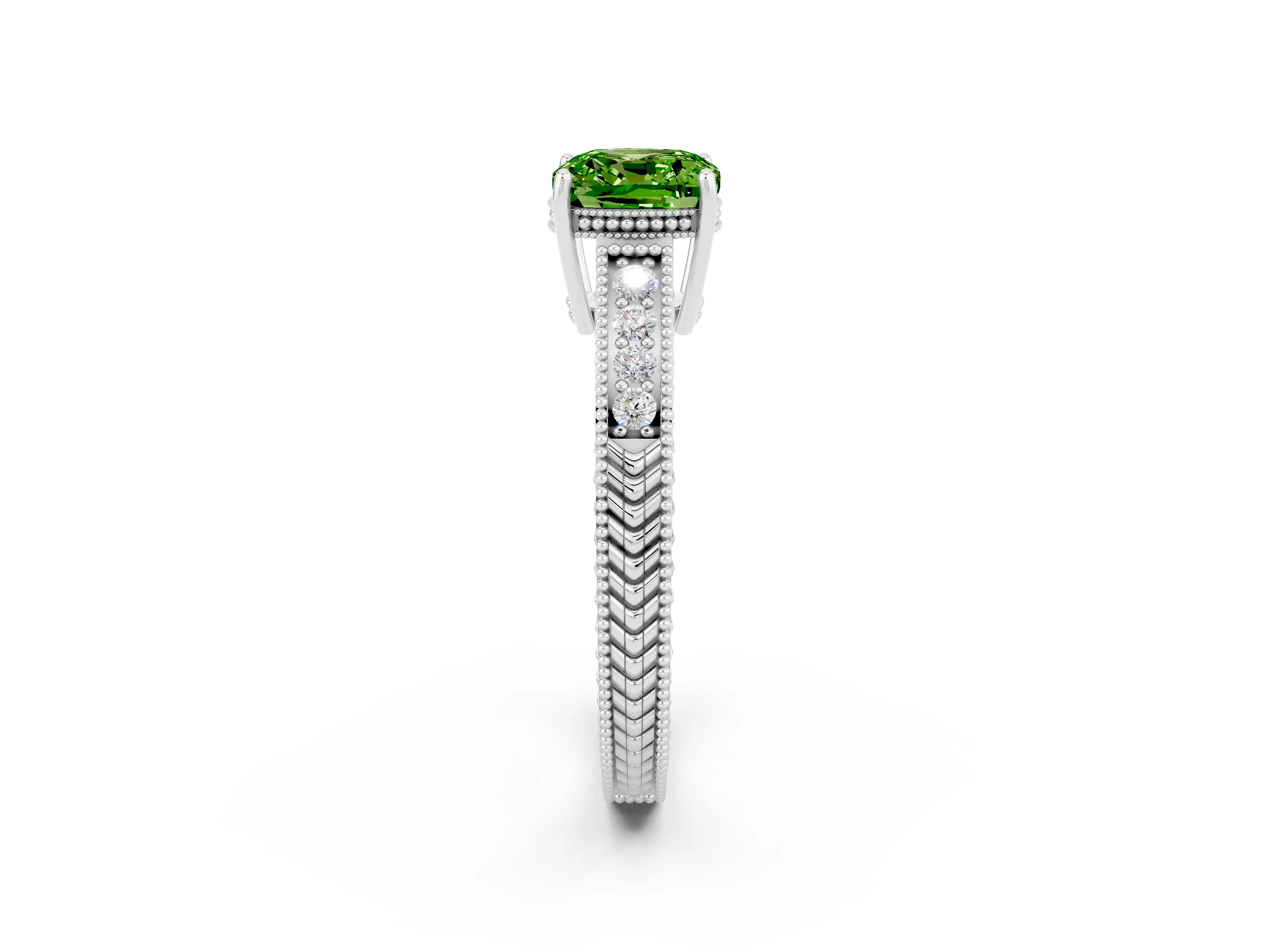White gold Cushion Cut Peridot Ring with Milgrain Pavé Band and Four-Prong Setting_14