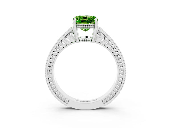 Platinum Cushion Cut Peridot Ring with Milgrain Pavé Band and Four-Prong Setting