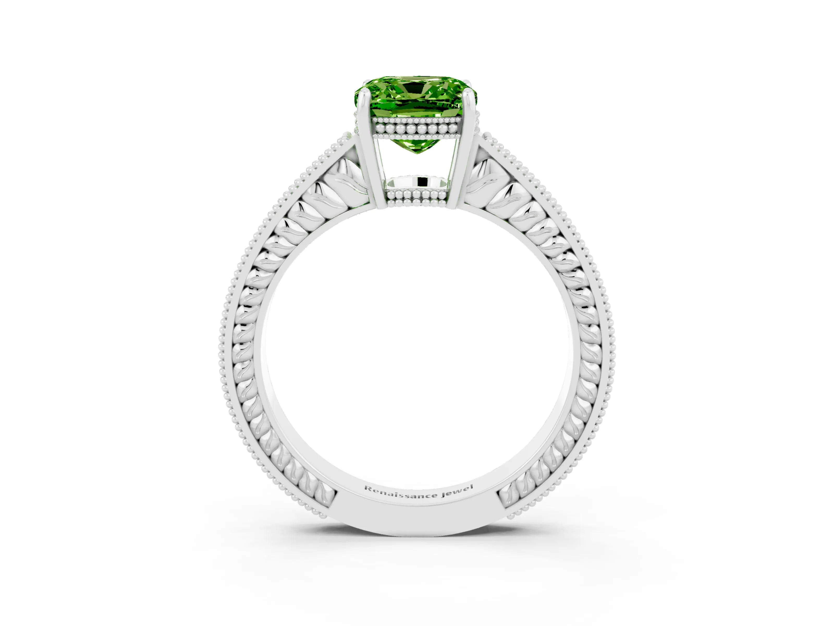 White gold Cushion Cut Peridot Ring with Milgrain Pavé Band and Four-Prong Setting_15