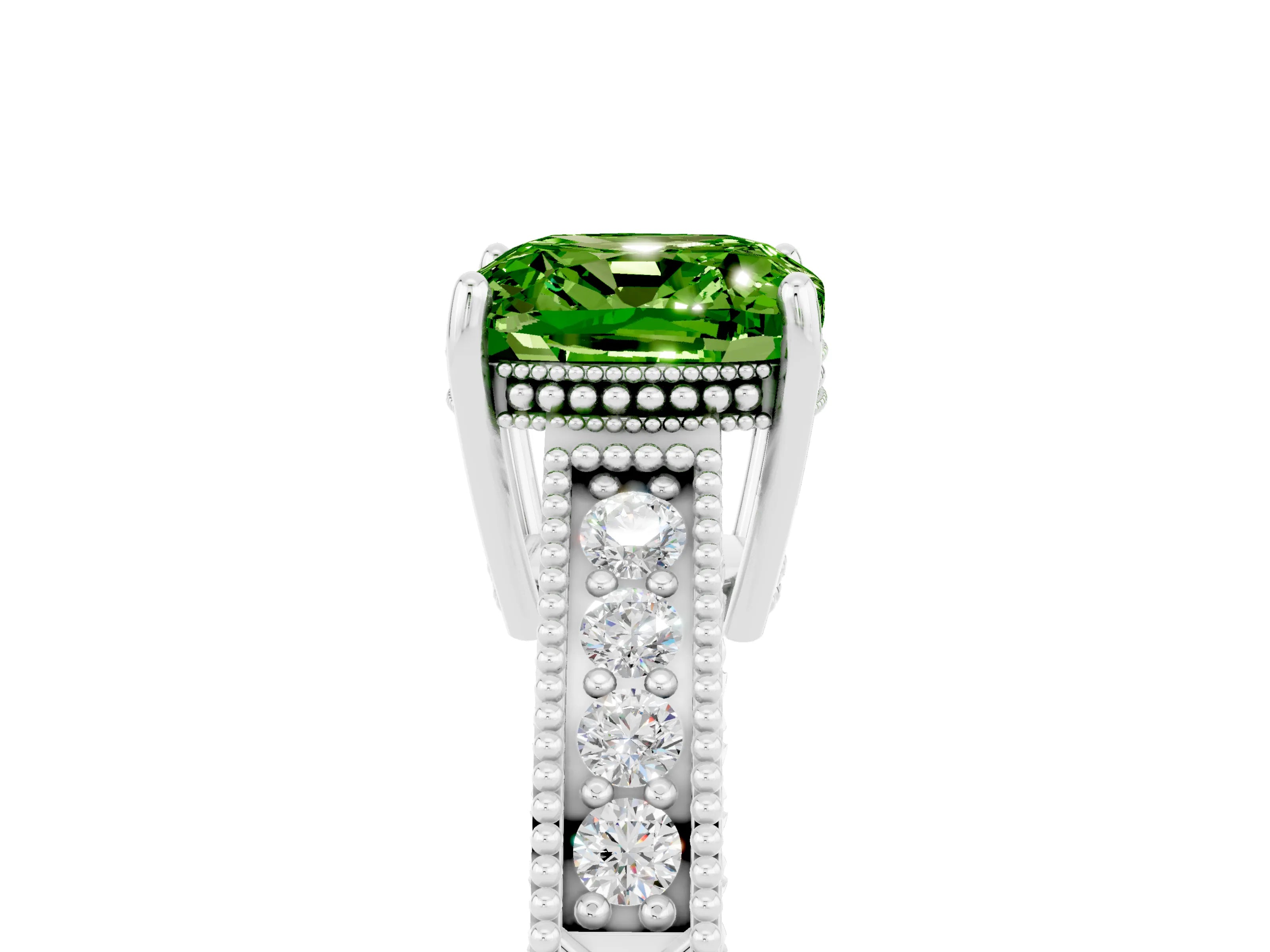 White gold Cushion Cut Peridot Ring with Milgrain Pavé Band and Four-Prong Setting_17