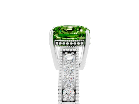 White gold Cushion Cut Peridot Ring with Milgrain Pavé Band and Four-Prong Setting_17