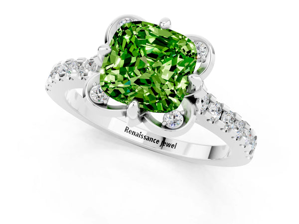 Platinum Cushion Cut Peridot Ring with Pavé Band and Floral Prong Setting