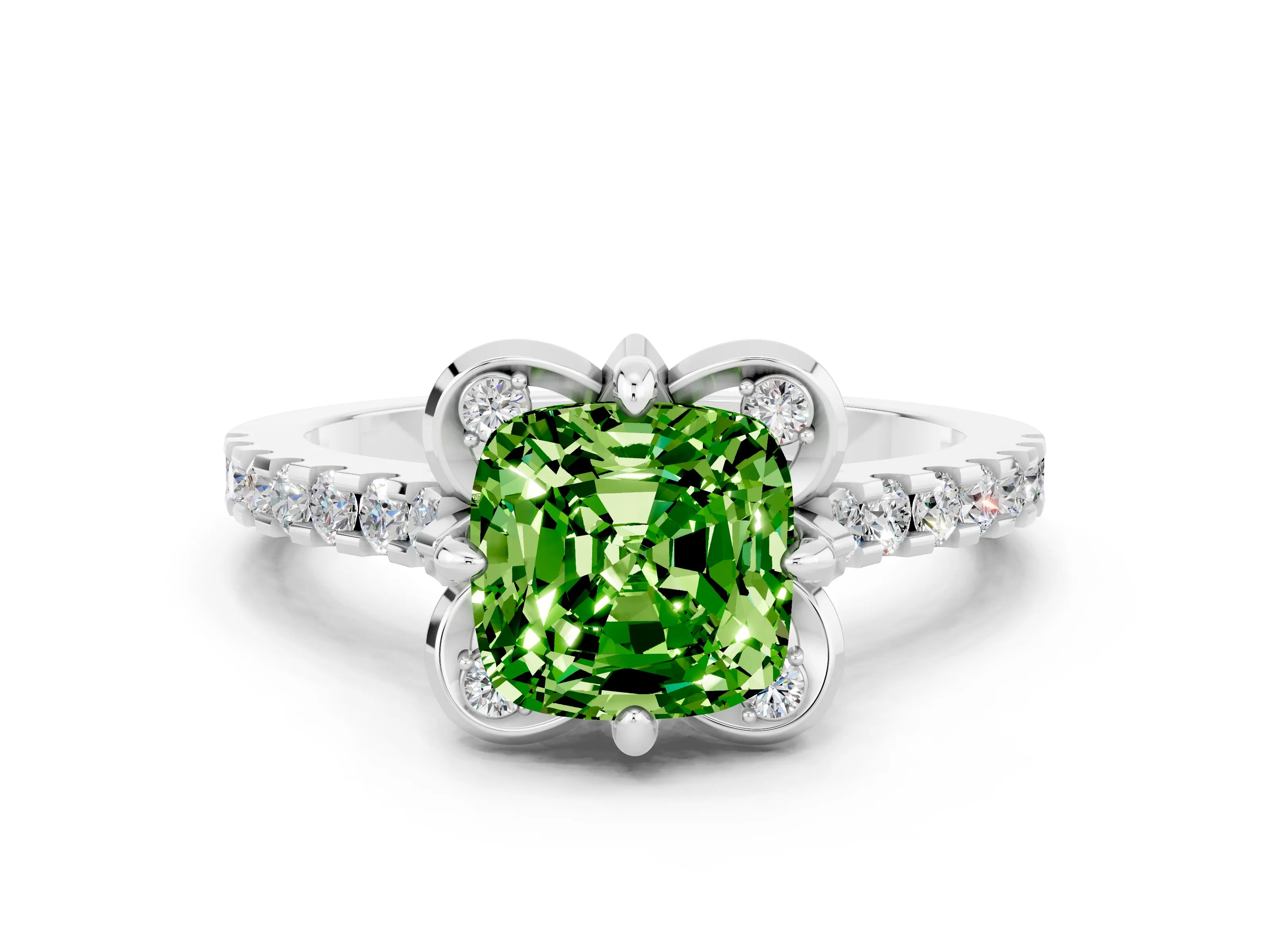 White gold Cushion Cut Peridot Ring with Pavé Band and Floral Prong Setting