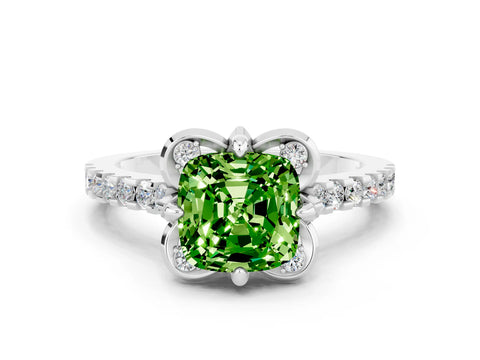 White gold Cushion Cut Peridot Ring with Pavé Band and Floral Prong Setting