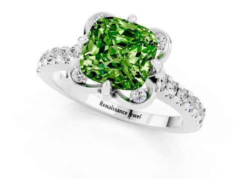 White gold Cushion Cut Peridot Ring with Pavé Band and Floral Prong Setting_1
