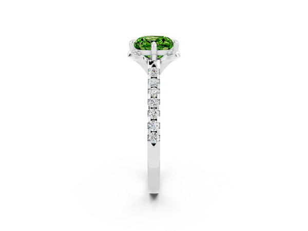 Platinum Cushion Cut Peridot Ring with Pavé Band and Floral Prong Setting