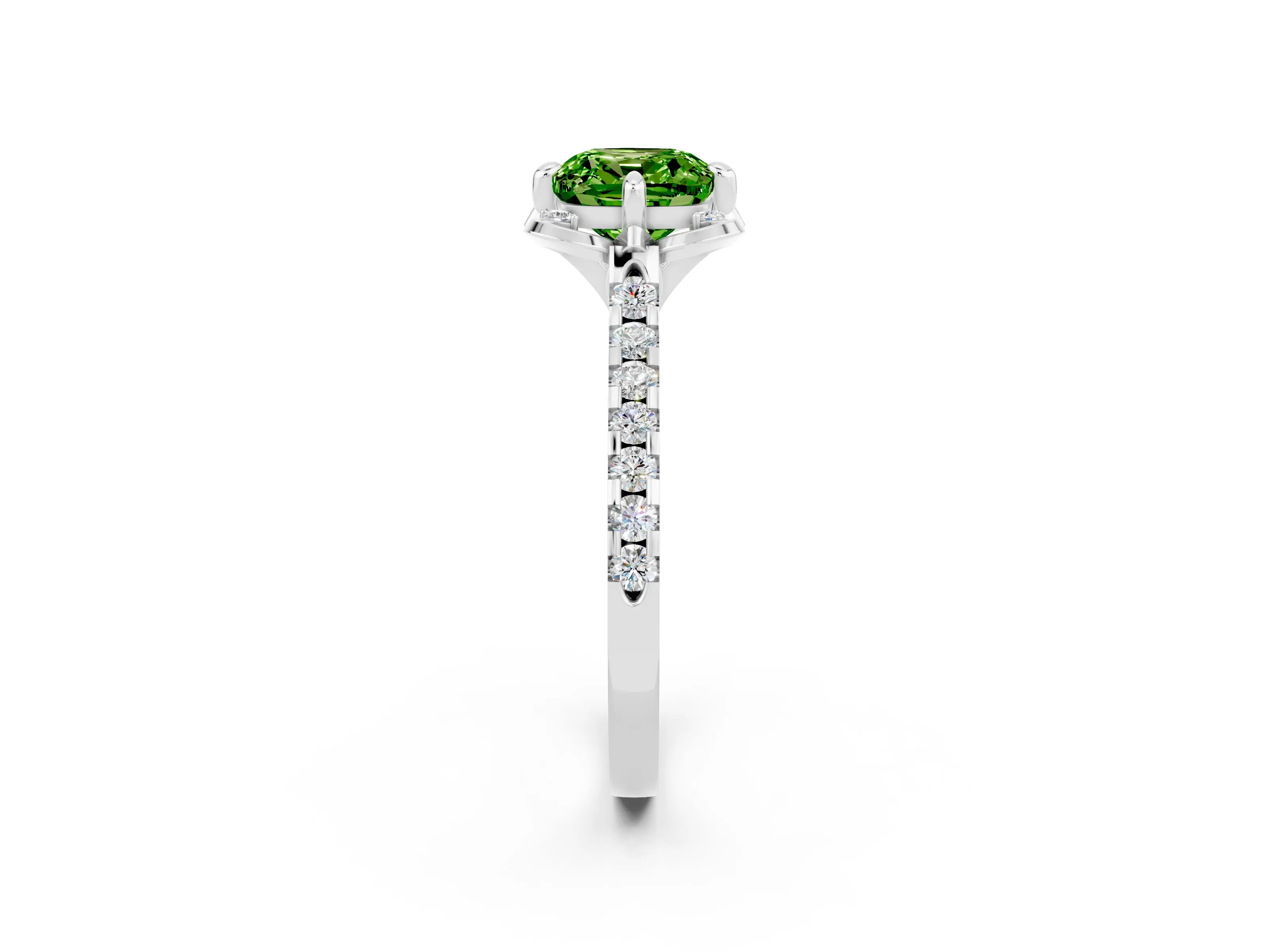 White gold Cushion Cut Peridot Ring with Pavé Band and Floral Prong Setting_2