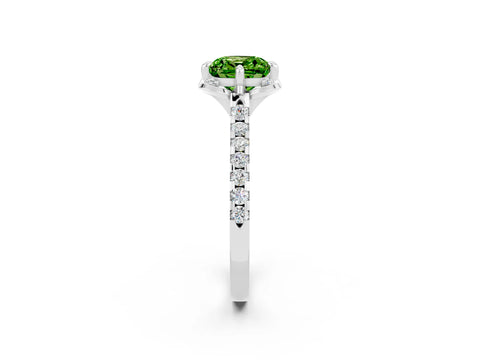 White gold Cushion Cut Peridot Ring with Pavé Band and Floral Prong Setting_2