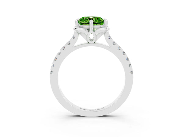 Platinum Cushion Cut Peridot Ring with Pavé Band and Floral Prong Setting
