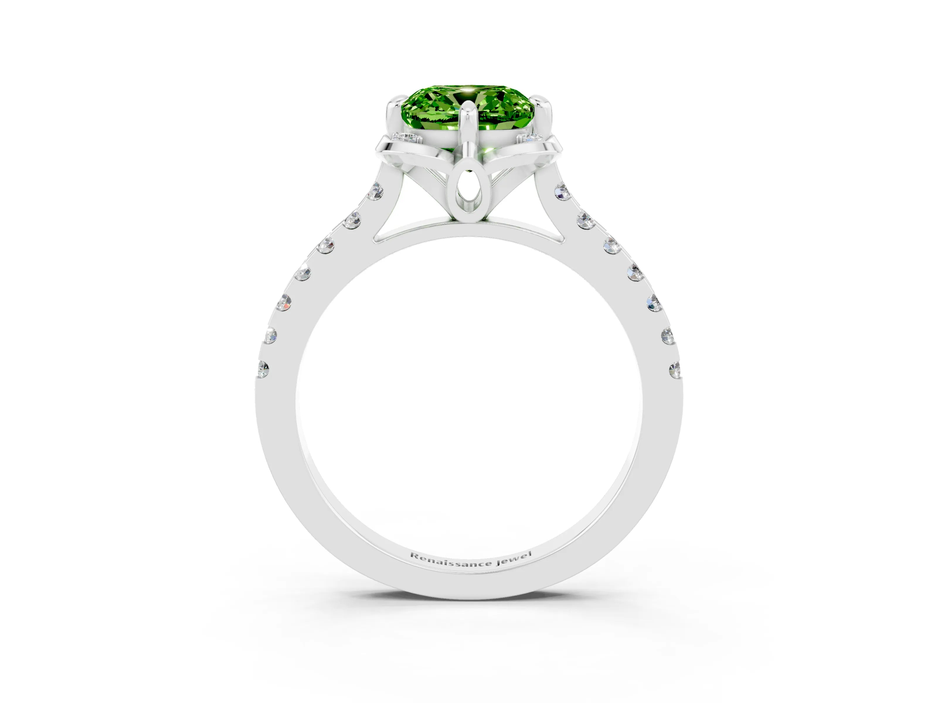 White gold Cushion Cut Peridot Ring with Pavé Band and Floral Prong Setting_3