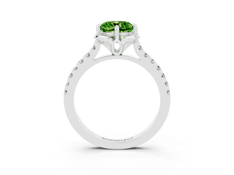 White gold Cushion Cut Peridot Ring with Pavé Band and Floral Prong Setting_3