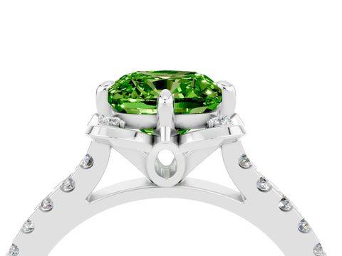 White gold Cushion Cut Peridot Ring with Pavé Band and Floral Prong Setting_4