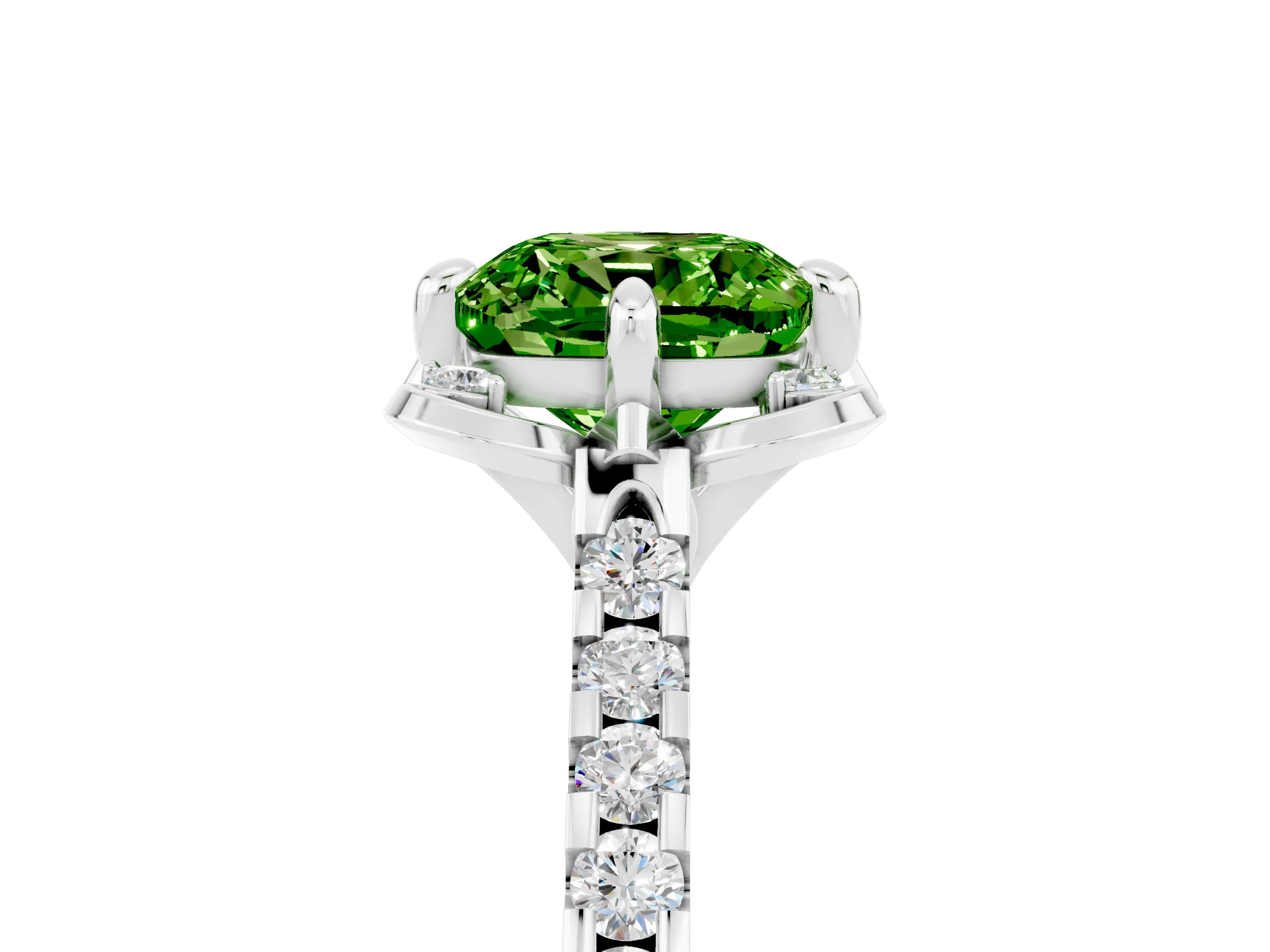 White gold Cushion Cut Peridot Ring with Pavé Band and Floral Prong Setting_5