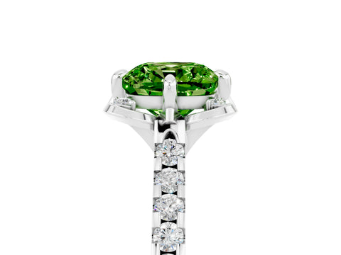 White gold Cushion Cut Peridot Ring with Pavé Band and Floral Prong Setting_5