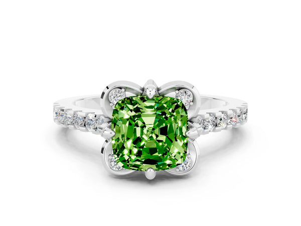 White gold Cushion Cut Peridot Ring with Pavé Band and Floral Prong Setting
