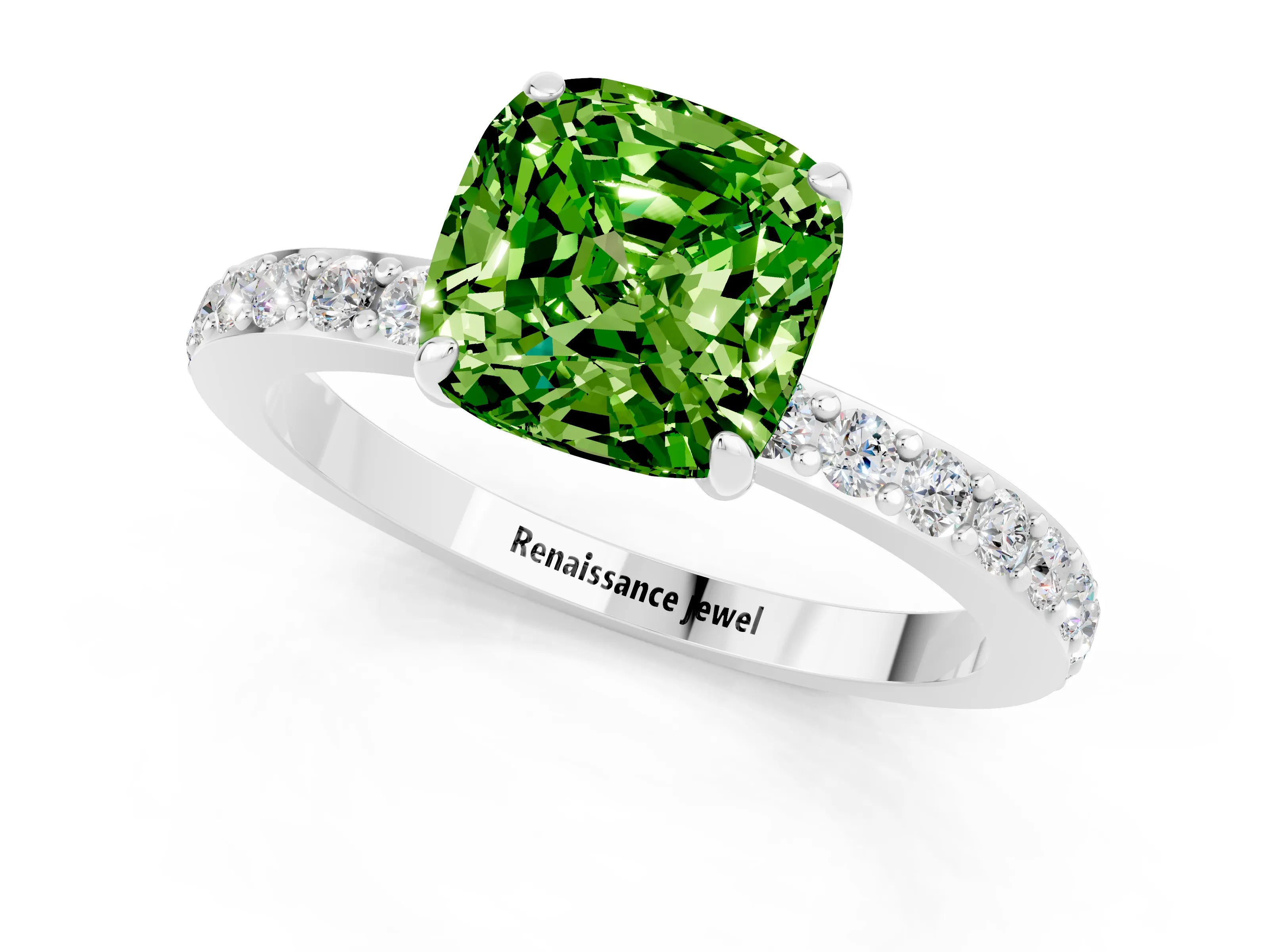 White gold Cushion Cut Peridot Ring with Pavé Band and Four-Prong Setting_1