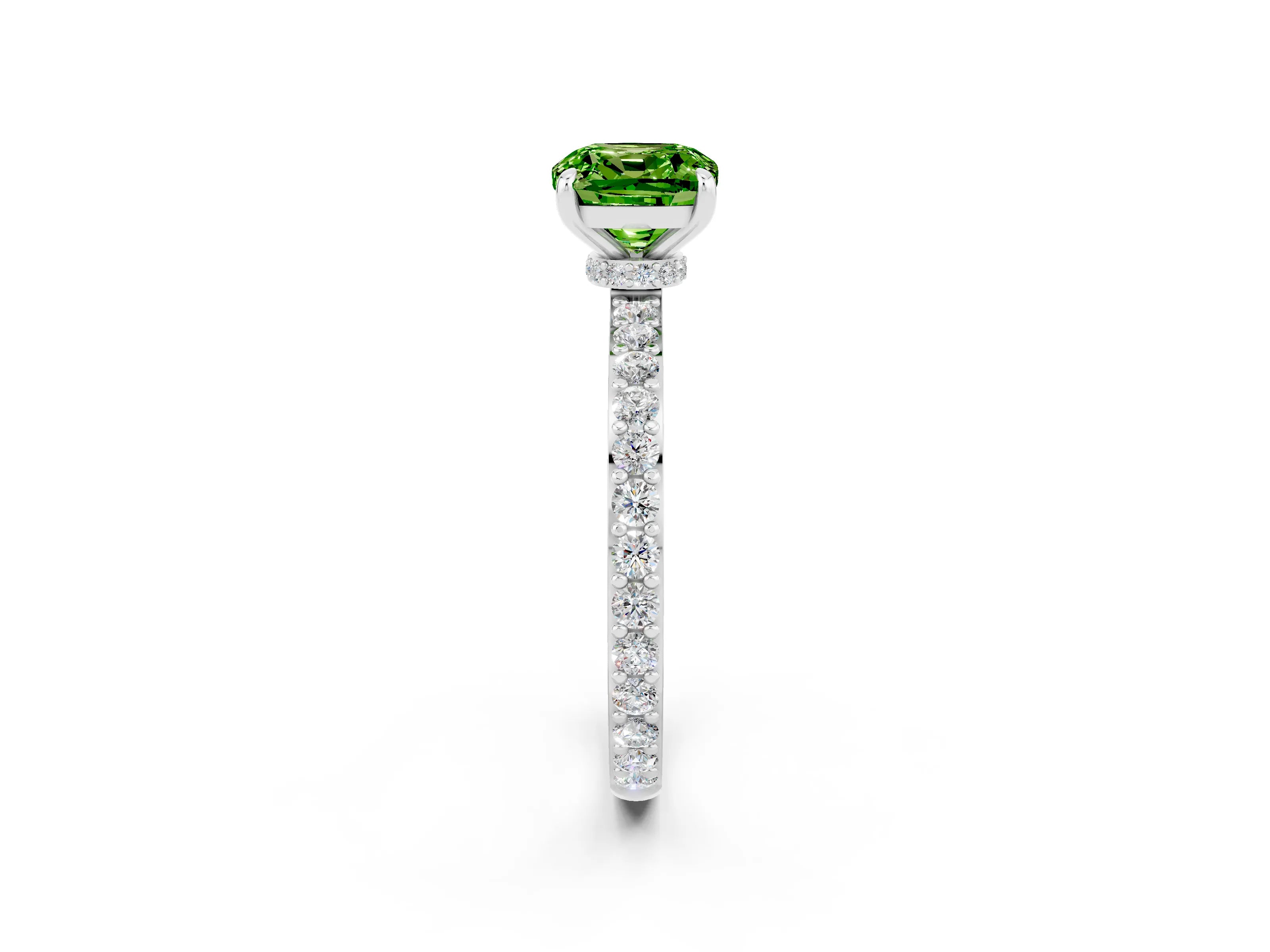White gold Cushion Cut Peridot Ring with Pavé Band and Four-Prong Setting_2