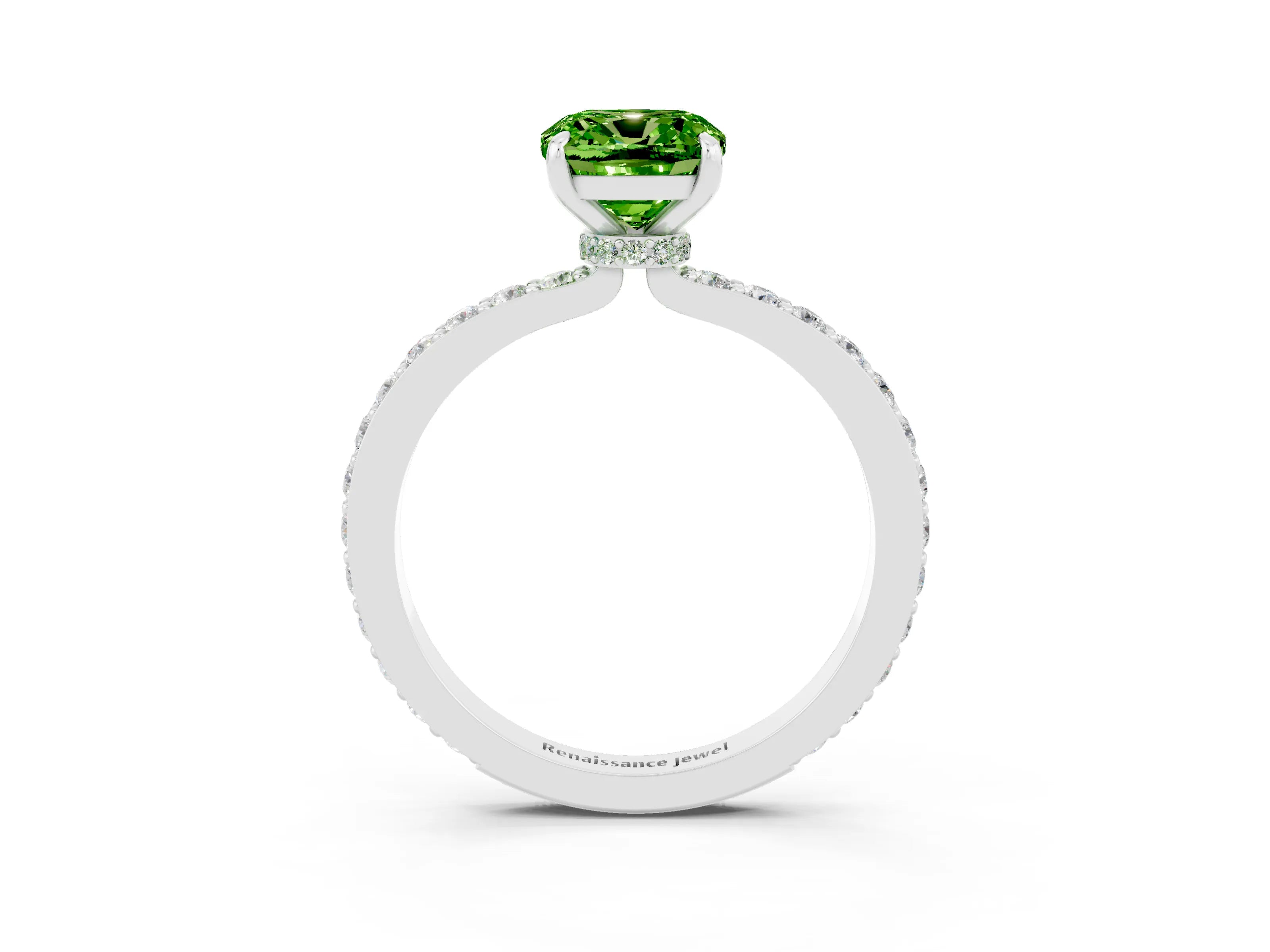 White gold Cushion Cut Peridot Ring with Pavé Band and Four-Prong Setting_3