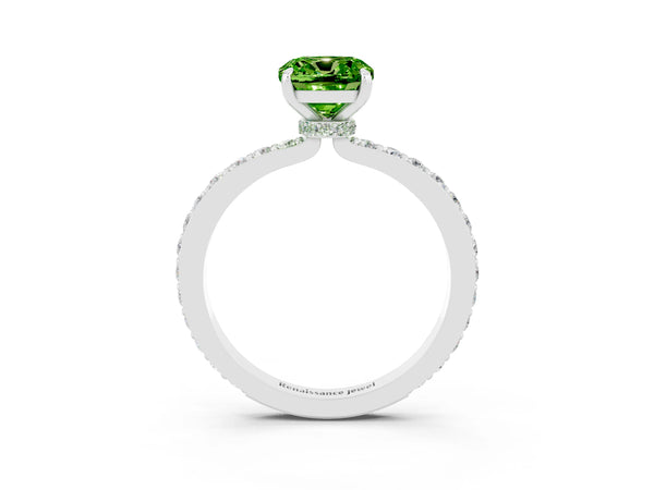 Silver Cushion Cut Peridot Pavé Engagement Ring with Round  Accents and Prong Setting