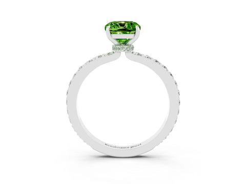 White gold Cushion Cut Peridot Ring with Pavé Band and Four-Prong Setting_3