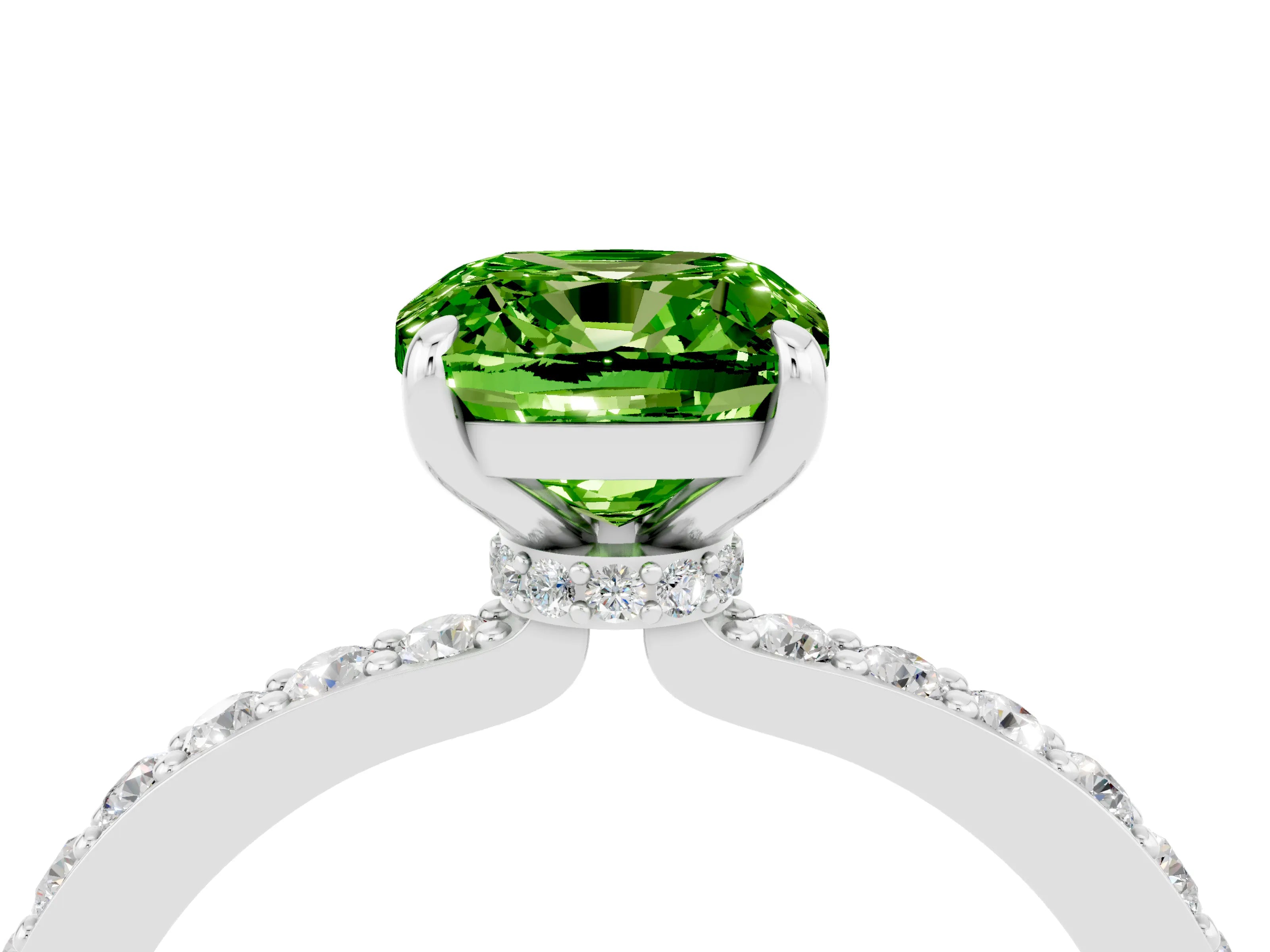 White gold Cushion Cut Peridot Ring with Pavé Band and Four-Prong Setting_4