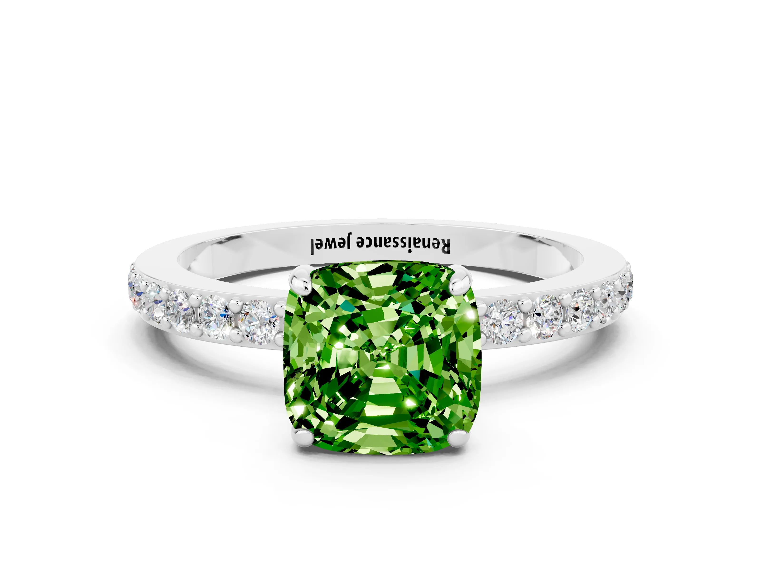 White gold Cushion Cut Peridot Ring with Pavé Band and Four-Prong Setting