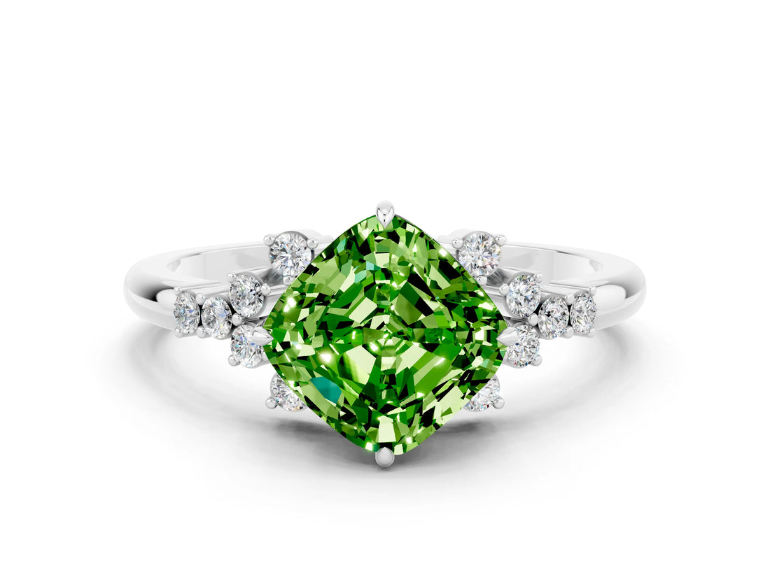 White gold Cushion Cut Peridot Ring with Side Stones and Four-Prong Setting_36