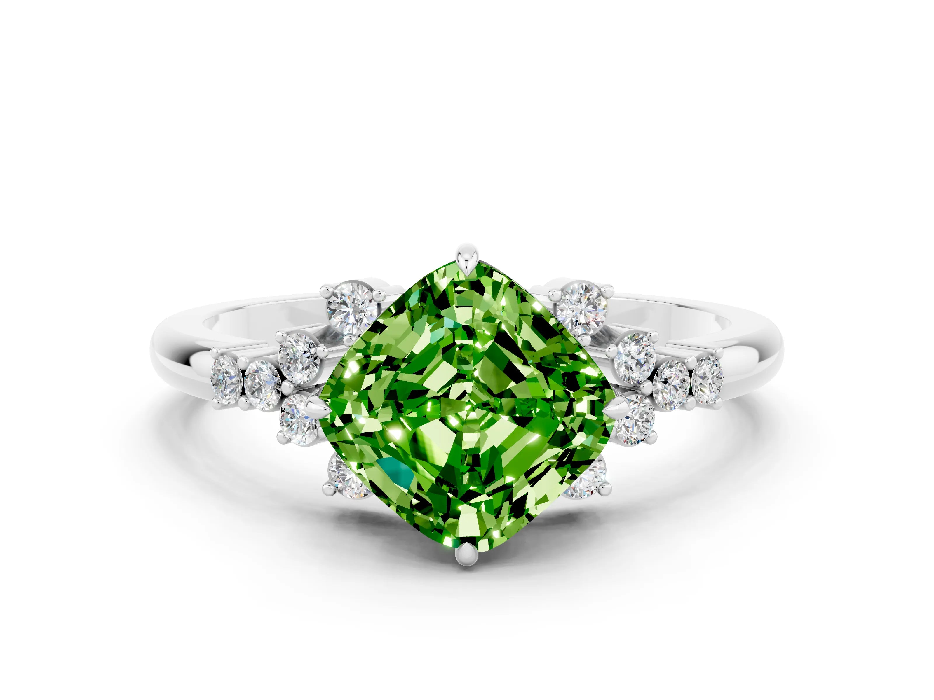 White gold Cushion Cut Peridot Ring with Side Stones and Four-Prong Setting_36
