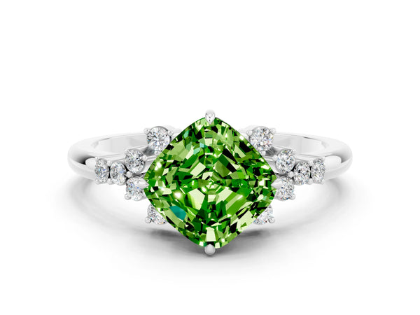 White gold Cushion Cut Peridot Ring with Side Stones and Four-Prong Setting