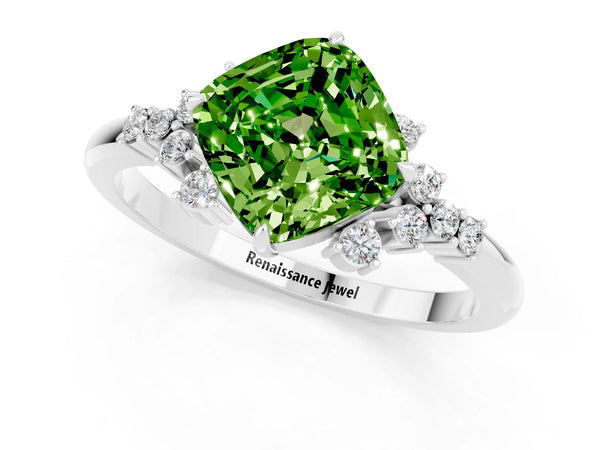 Silver Cushion Cut Peridot Ring with Side Stones and Four-Prong Setting