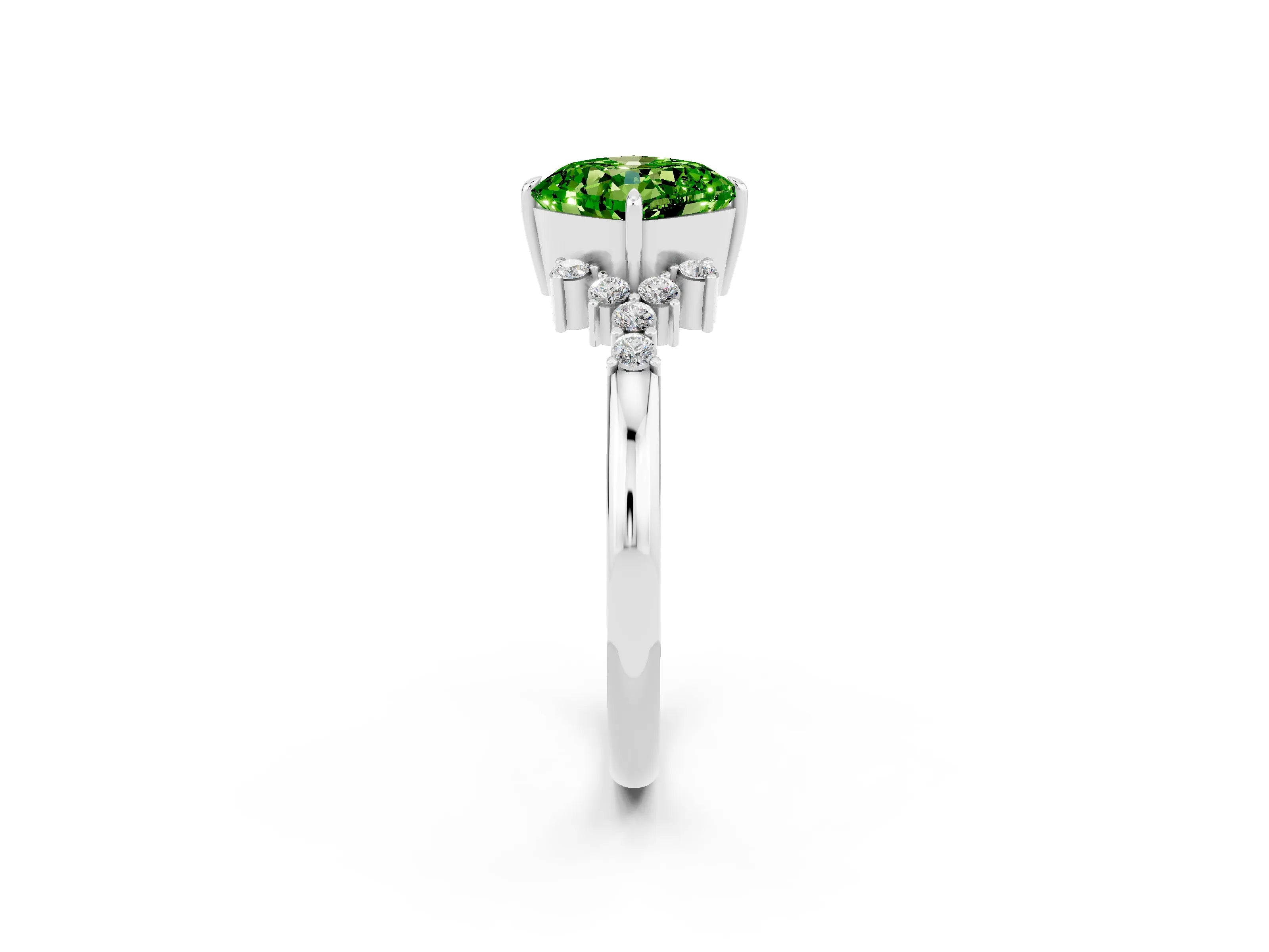 White gold Cushion Cut Peridot Ring with Side Stones and Four-Prong Setting_38