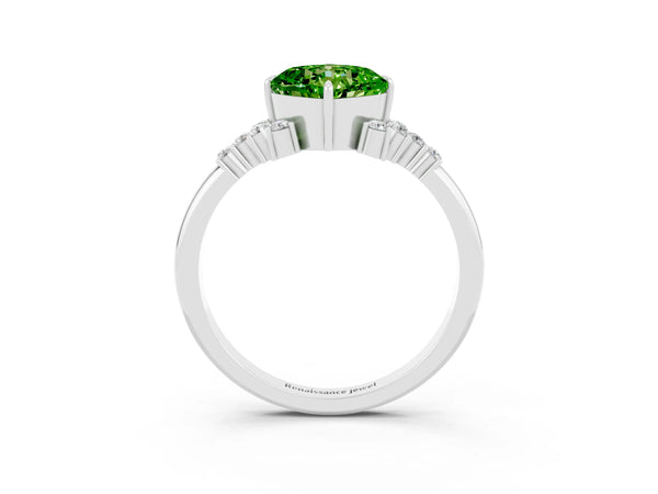 Platinum Cushion Cut Peridot Ring with Side Stones and Four-Prong Setting